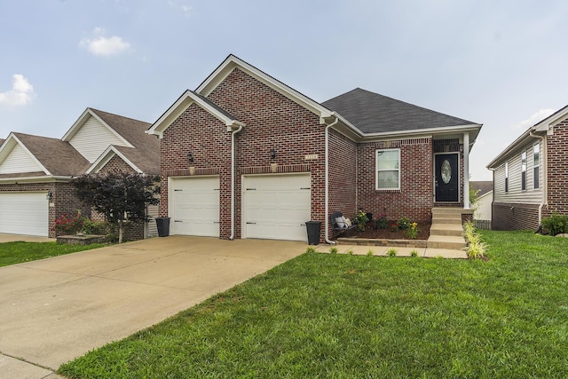 3224 Orchard Grass Rd, Lexington, KY 40509 - view of front of property with driveway, brick siding, a front lawn, a garage, and a shingled roof