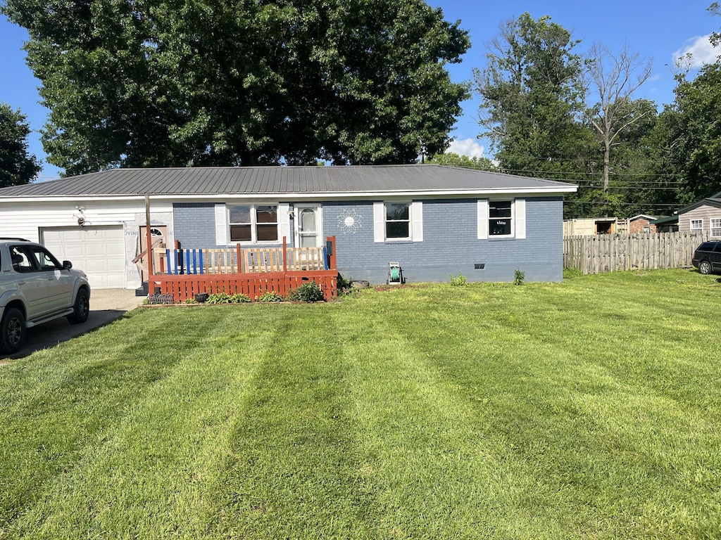 245 Cherry Ln, Frankfort, KY 40601 - ranch-style house featuring brick siding, crawl space, a garage, a metal roof, and a wooden deck