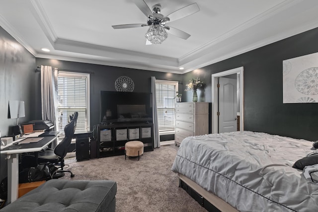101 Rock Bridge Ct, Georgetown, KY 40324 - carpeted bedroom with crown molding, a raised ceiling, recessed lighting, ceiling fan, and a desk