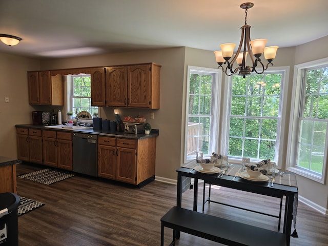 10 Thaxted Ln, Middlesboro, KY 40965 - kitchen featuring dishwasher, dark countertops, plenty of natural light, and a chandelier