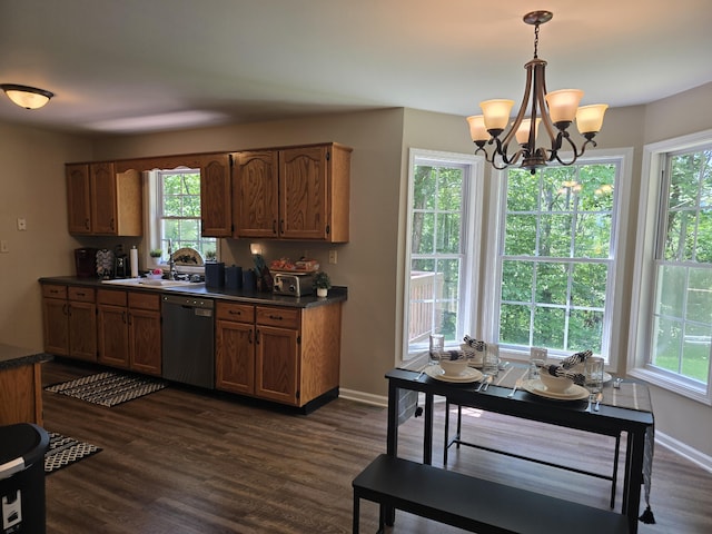 10 Thaxted Ln, Middlesboro, KY 40965 - kitchen featuring dishwasher, dark countertops, healthy amount of natural light, and a chandelier