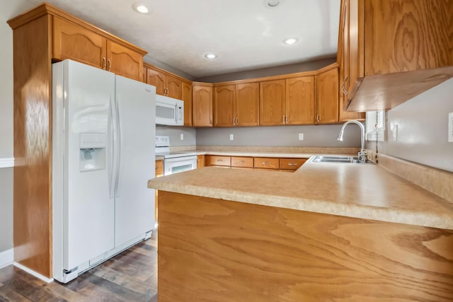 274 Singleton Waynesburg Rd, Eubank, KY 42567 - kitchen featuring white appliances, recessed lighting, a peninsula, dark wood-type flooring, and light countertops