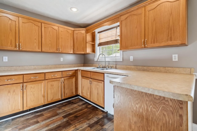 274 Singleton Waynesburg Rd, Eubank, KY 42567 - kitchen featuring white dishwasher, light countertops, recessed lighting, dark wood-style floors, and open shelves