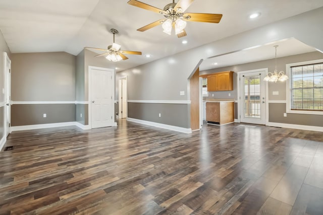 274 Singleton Waynesburg Rd, Eubank, KY 42567 - unfurnished living room featuring dark wood-style flooring, a chandelier, a ceiling fan, vaulted ceiling, and recessed lighting