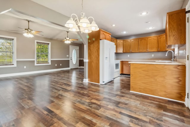 274 Singleton Waynesburg Rd, Eubank, KY 42567 - kitchen with white refrigerator with ice dispenser, light countertops, stove, a ceiling fan, and open floor plan
