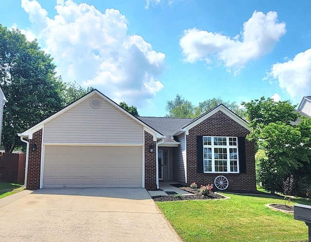 215 Wilderness Cove Ln, Georgetown, KY 40324 - ranch-style house with brick siding, concrete driveway, a garage, and a front lawn