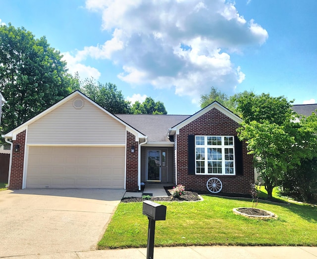 215 Wilderness Cove Ln, Georgetown, KY 40324 - ranch-style house with brick siding, concrete driveway, a garage, and a front yard