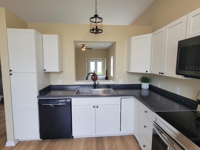 215 Wilderness Cove Ln, Georgetown, KY 40324 - kitchen with black appliances, light wood-type flooring, and white cabinetry