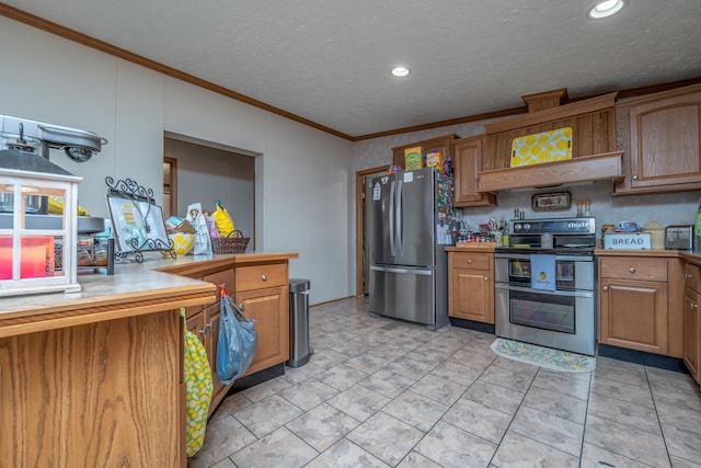 494 Janice Ln, Owingsville, KY 40360 - kitchen featuring stainless steel appliances, ornamental molding, brown cabinets, light countertops, and a textured ceiling