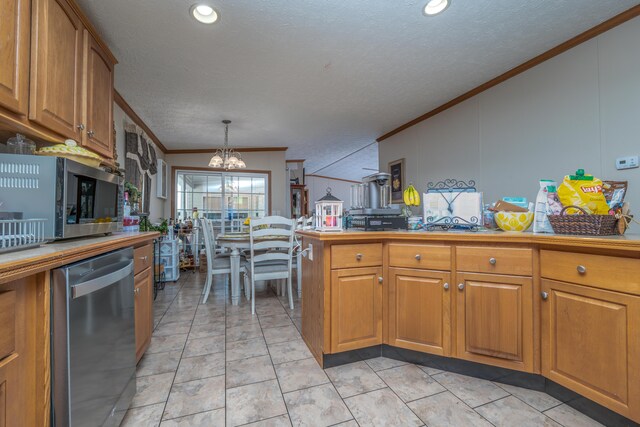 494 Janice Ln, Owingsville, KY 40360 - kitchen with crown molding, stainless steel appliances, a chandelier, brown cabinets, and a textured ceiling