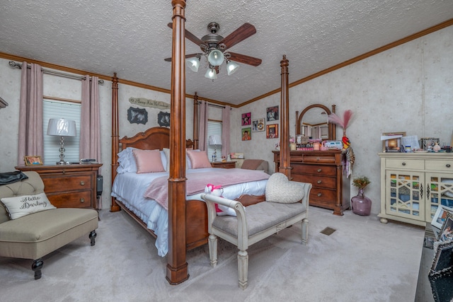 494 Janice Ln, Owingsville, KY 40360 - bedroom with crown molding, carpet, a textured ceiling, lofted ceiling, and wallpapered walls