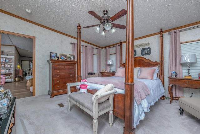 494 Janice Ln, Owingsville, KY 40360 - bedroom featuring crown molding, wallpapered walls, a textured ceiling, carpet, and vaulted ceiling
