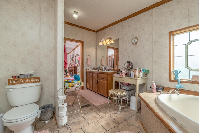 494 Janice Ln, Owingsville, KY 40360 - bathroom featuring crown molding, vanity, wallpapered walls, a bath, and tile patterned floors