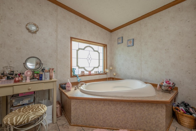 494 Janice Ln, Owingsville, KY 40360 - bathroom featuring lofted ceiling, a bath, tile patterned floors, and ornamental molding
