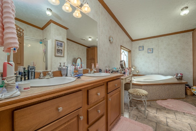 494 Janice Ln, Owingsville, KY 40360 - bathroom with ornamental molding, double vanity, a bath, a textured ceiling, and a shower stall