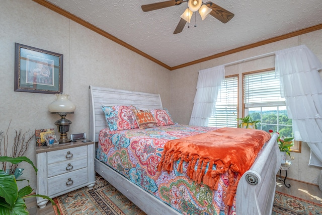494 Janice Ln, Owingsville, KY 40360 - bedroom featuring crown molding, ceiling fan, lofted ceiling, and a textured ceiling