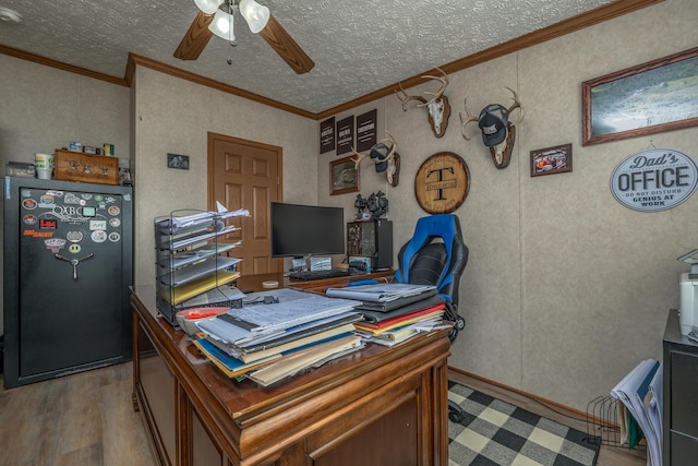 494 Janice Ln, Owingsville, KY 40360 - office area featuring a ceiling fan, wood finished floors, crown molding, and a textured ceiling