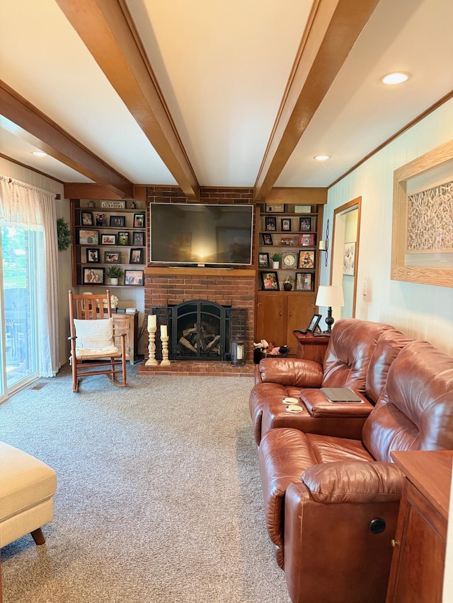 1310 Lago Dr, Frankfort, KY 40601 - carpeted living room featuring beam ceiling, a brick fireplace, and built in features
