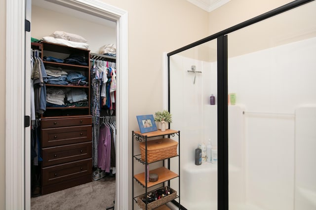 136 Rocky Creek Rd, Georgetown, KY 40324 - bathroom with a stall shower, a walk in closet, and ornamental molding