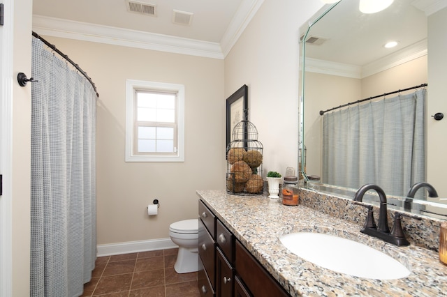136 Rocky Creek Rd, Georgetown, KY 40324 - bathroom with vanity, crown molding, tile patterned flooring, and curtained shower