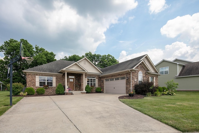 136 Rocky Creek Rd, Georgetown, KY 40324 - craftsman-style house with an attached garage, concrete driveway, a front lawn, brick siding, and roof with shingles