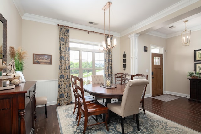 136 Rocky Creek Rd, Georgetown, KY 40324 - dining room with a chandelier, dark wood-type flooring, a wainscoted wall, and ornamental molding