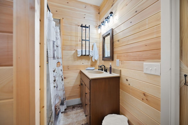 813 Colyer Rd, Bronston, KY 42518 - full bath with wooden walls, vanity, and curtained shower