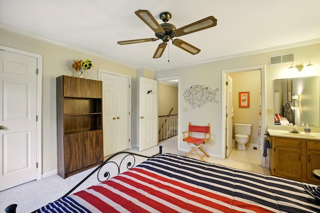 1011 Hancock Cir Unit 9-10, Harrodsburg, KY 40330 - bedroom featuring crown molding, light colored carpet, a closet, connected bathroom, and a ceiling fan
