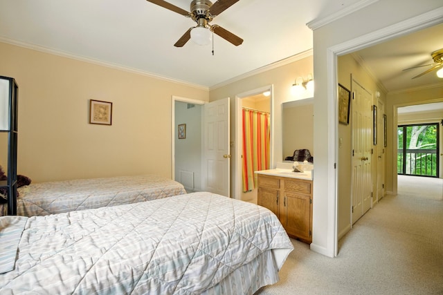 1011 Hancock Cir Unit 9-10, Harrodsburg, KY 40330 - bedroom with light colored carpet, crown molding, a ceiling fan, and ensuite bathroom