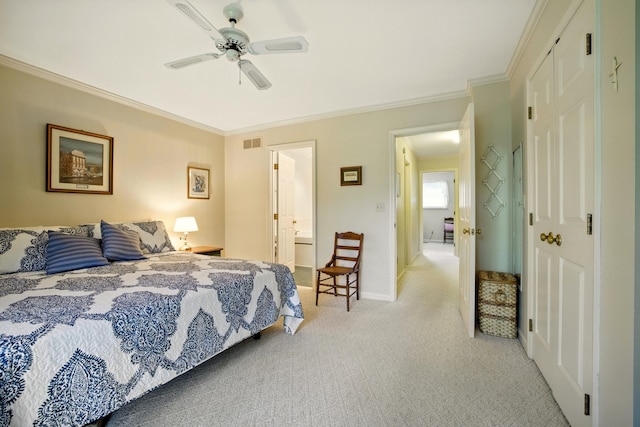 1011 Hancock Cir Unit 9-10, Harrodsburg, KY 40330 - bedroom with crown molding, light colored carpet, a ceiling fan, a closet, and ensuite bathroom