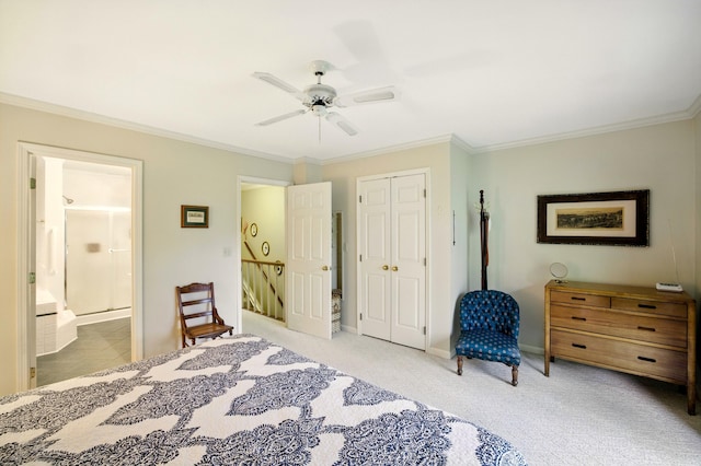 1011 Hancock Cir Unit 9-10, Harrodsburg, KY 40330 - bedroom with ornamental molding, a closet, ceiling fan, light carpet, and connected bathroom