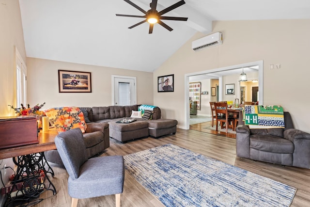 997 Copper Creek Rd, Berea, KY 40403 - living area featuring a wall unit AC, a ceiling fan, high vaulted ceiling, beamed ceiling, and wood finished floors