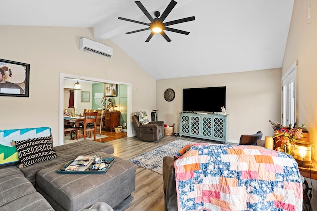 997 Copper Creek Rd, Berea, KY 40403 - living area with a wall mounted AC, a ceiling fan, wood finished floors, high vaulted ceiling, and beam ceiling