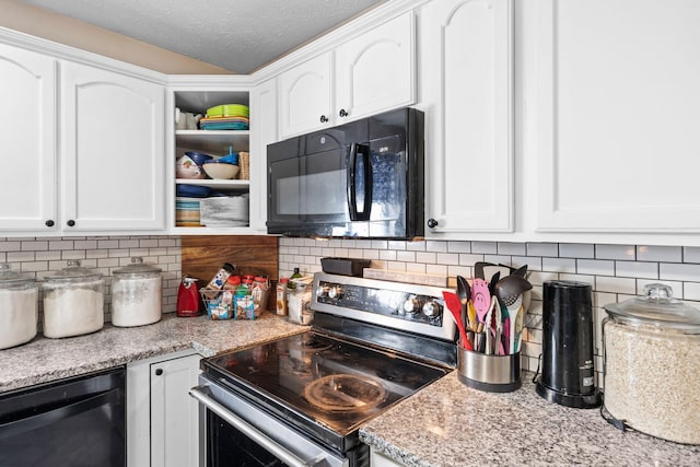 997 Copper Creek Rd, Berea, KY 40403 - kitchen with black appliances, tasteful backsplash, white cabinets, and a textured ceiling