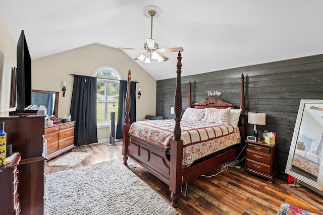 997 Copper Creek Rd, Berea, KY 40403 - bedroom with vaulted ceiling, wood finished floors, wooden walls, and ceiling fan
