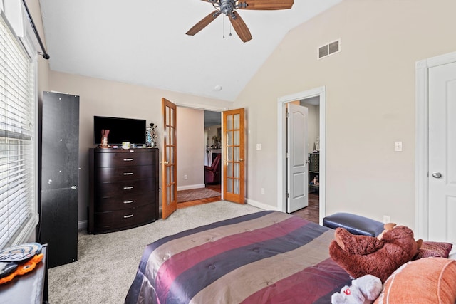 997 Copper Creek Rd, Berea, KY 40403 - carpeted bedroom with french doors, high vaulted ceiling, and a ceiling fan