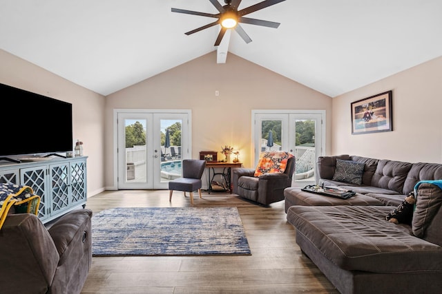 997 Copper Creek Rd, Berea, KY 40403 - living area with french doors, a ceiling fan, beamed ceiling, wood finished floors, and high vaulted ceiling