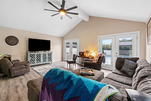 997 Copper Creek Rd, Berea, KY 40403 - living area featuring french doors, a ceiling fan, beamed ceiling, light wood-style flooring, and high vaulted ceiling