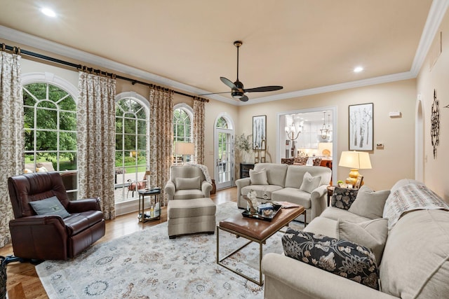 30 Woodburn St, Frankfort, KY 40601 - living area with ceiling fan, wood finished floors, ornamental molding, a chandelier, and recessed lighting