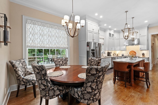 30 Woodburn St, Frankfort, KY 40601 - dining space featuring a chandelier, ornamental molding, wood finished floors, and recessed lighting