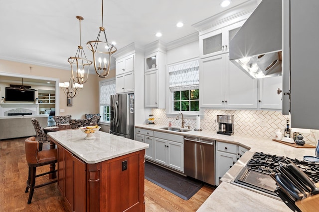 30 Woodburn St, Frankfort, KY 40601 - kitchen with stainless steel appliances, range hood, a center island, wood finished floors, and open floor plan