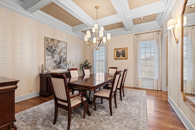 30 Woodburn St, Frankfort, KY 40601 - dining area featuring a chandelier, crown molding, coffered ceiling, beamed ceiling, and wood finished floors
