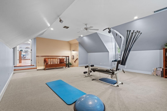 30 Woodburn St, Frankfort, KY 40601 - workout area featuring lofted ceiling, carpet floors, ceiling fan, and recessed lighting