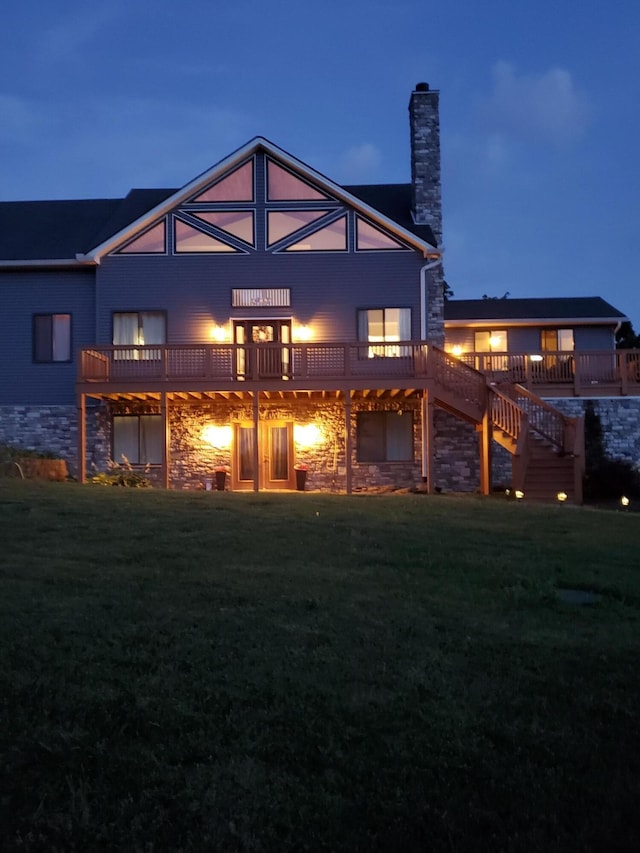 5134 Peaks Mill Rd, Frankfort, KY 40601 - back of house featuring a chimney, stone siding, a yard, stairway, and a wooden deck