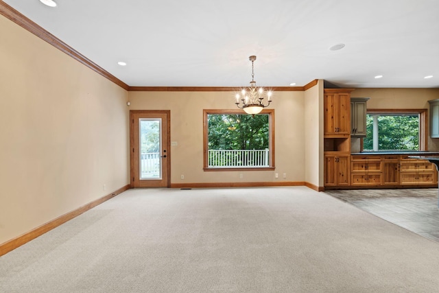 11238 Campton Rd, Stanton, KY 40380 - unfurnished living room with a chandelier, light colored carpet, healthy amount of natural light, crown molding, and recessed lighting