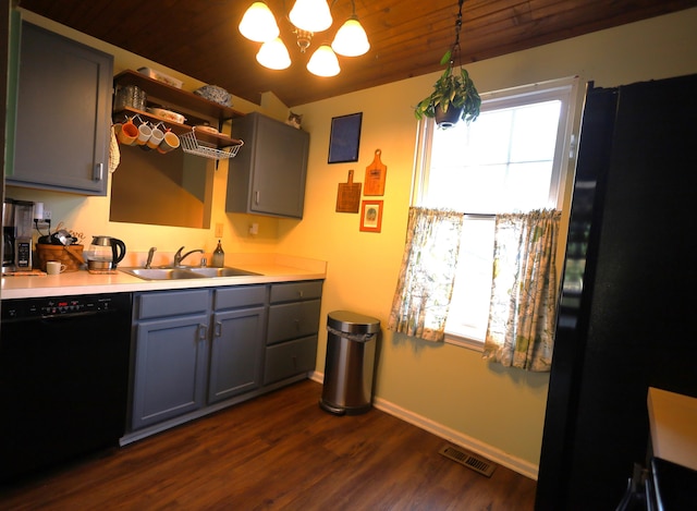 3645 Squire Woods Way, Lexington, KY 40515 - kitchen featuring black appliances, gray cabinetry, plenty of natural light, and wood ceiling