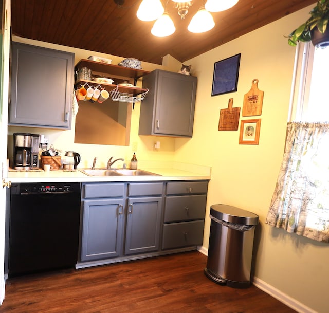 3645 Squire Woods Way, Lexington, KY 40515 - kitchen featuring black dishwasher, gray cabinets, light countertops, wood ceiling, and dark wood finished floors