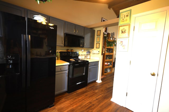 3645 Squire Woods Way, Lexington, KY 40515 - kitchen featuring black appliances, gray cabinets, light countertops, dark wood-type flooring, and vaulted ceiling