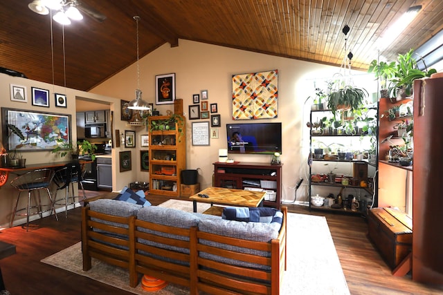 3645 Squire Woods Way, Lexington, KY 40515 - living area with wood ceiling, dark wood-style flooring, vaulted ceiling, and ceiling fan