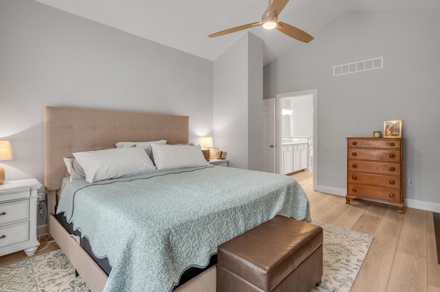 1074 Rockbridge Rd, Lexington, KY 40515 - bedroom featuring high vaulted ceiling, light wood-style floors, ensuite bathroom, and a ceiling fan